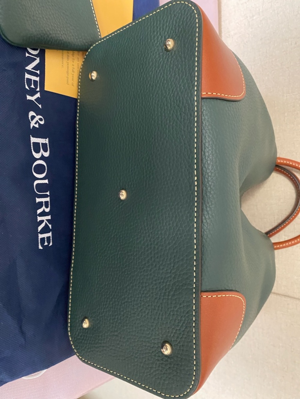 Dooney & Bourke Green Leather Tote with Brown Trim and Matching Pouch - Picture 5 of 13